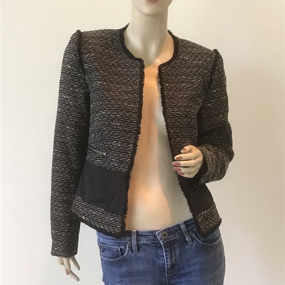 Halogen Nordstrom Black White Tweed Fringe Open Front Jacket S 2 4